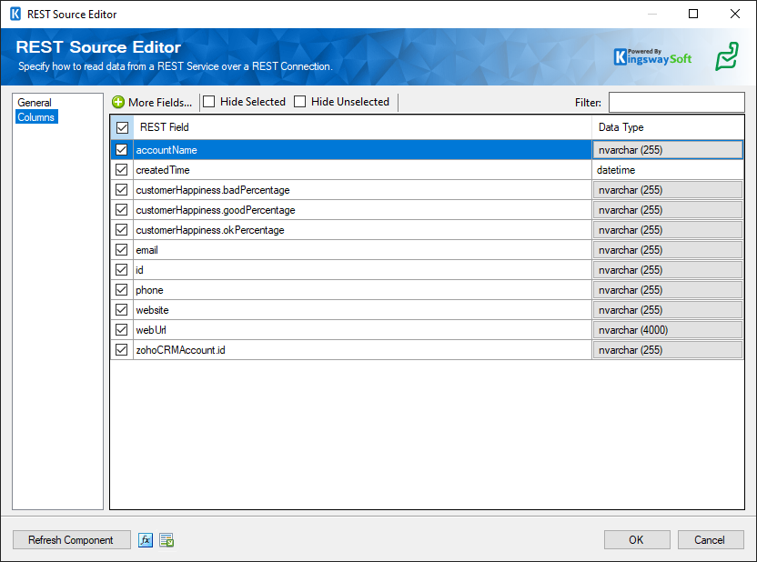 SSIS Zoho Desk Source component - Columns